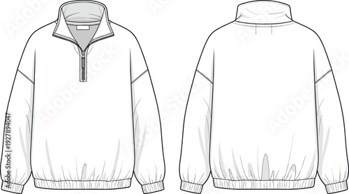 Women's fashion collection featuring quarter zip pullovers, ruched long sleeve tops, tiered maxi skirts, slip dresses, and cycling shorts technical flat sketch, cad drawing flat vector illustration