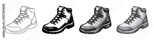 Set of four hiking boot illustrations showcasing different graphic styles including simple line art, a high-contrast silhouette, vintage engraving, and detailed stippling