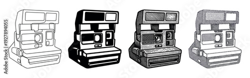 Four vintage instant cameras illustrated in different graphic styles including line art, silhouette, engraving, and stippling, showcasing a collection of retro photo equipment