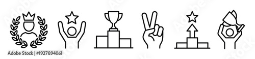 Six black linear icons representing victory and achievement including a champion with a crown, a trophy on a podium, a winner with a star, and a victory hand gesture