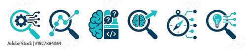 Set of six blue and teal icons representing data science, research, and technological innovation, featuring symbols like a brain, gear, compass, and magnifying glass