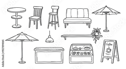Collection of hand-drawn cafe furniture and equipment including a table, chair, sofa, umbrella, counter, and pastry display case in a simple black and white line art style