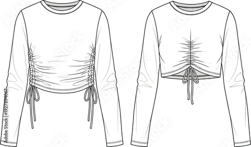 Fashion collection featuring ruched crop tops, slip dresses, tiered skirts, cycling shorts, sweatshirts, and polo shirts, cad drawing flat vector illustration