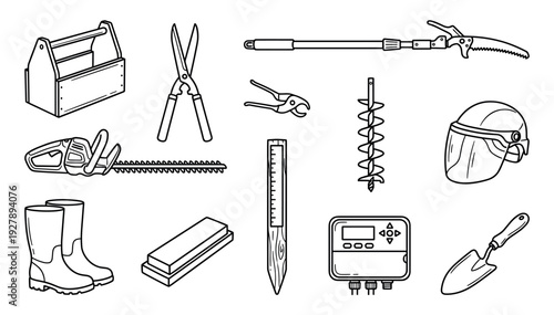 Set of black and white gardening tools and equipment illustrations including a hedge trimmer, shears, pole saw, trowel, and protective gear for landscaping and yard work
