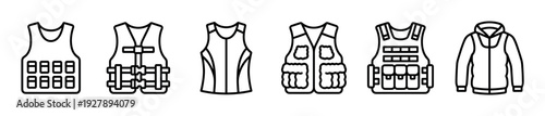 Set of black line icons showing various vests and jackets including bulletproof, life, tactical, and utility styles for safety, military, and outdoor apparel concepts