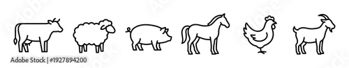 Six farm animal line art icons featuring a cow, sheep, pig, horse, chicken, and goat, presented as a simple, clean, and modern black outline graphic symbol collection