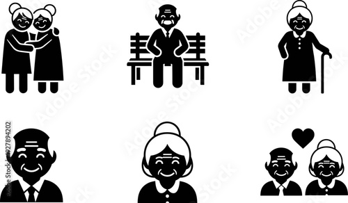 Collection of diverse senior citizen icons representing different aspects of elderly life and relationships