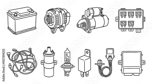 Collection of car electrical system parts including a battery, alternator, starter motor, and fuse box drawn in a simple black and white line art illustration style for automotive service concepts