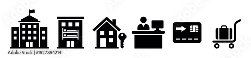 Black glyph icon set for travel and hospitality services showing a hotel, hostel, house rental with key, reception desk, credit card payment, and a luggage cart