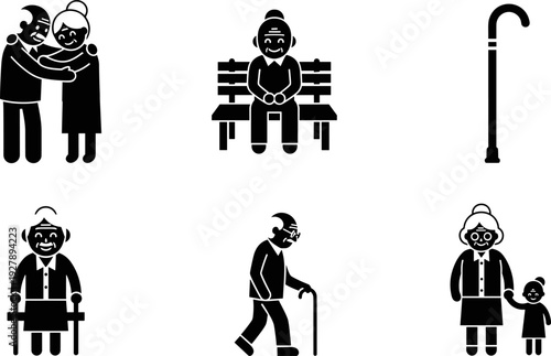 Elderly couple embracing, woman on bench, cane, walker, and grandmother with child icons
