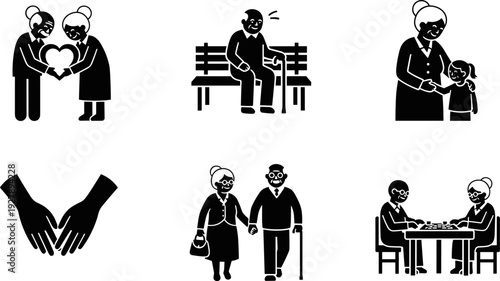 Elderly couple icons showing love, support, and leisure activities together