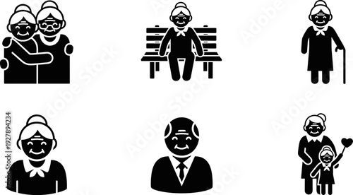 Collection of diverse elderly people icons representing different life moments and relationships