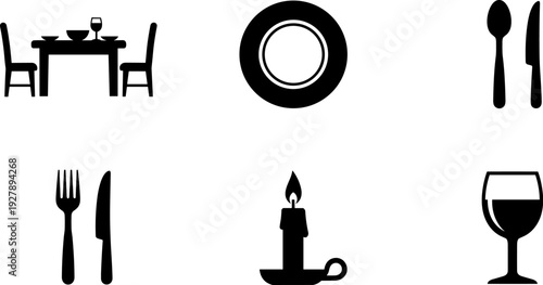 Collection of simple black icons representing dining and celebration elements