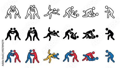 Wrestling and grappling icon set showing various techniques and positions in three different styles: line art, solid black silhouette, and simple color pictograms
