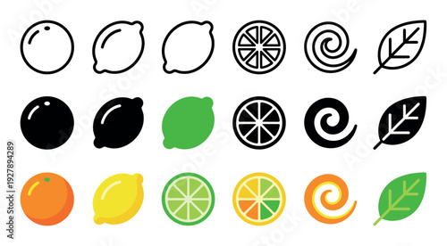 Versatile set of citrus fruit icons in outline, solid, and flat color styles, featuring lemon, lime, orange, slices, zest, and leaves for graphic design elements