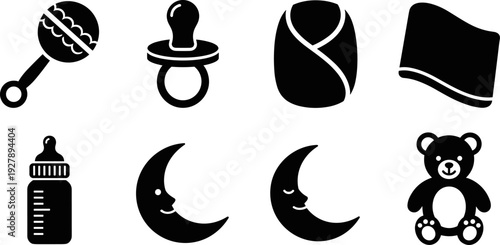 Collection of baby care and comfort icons including a rattle, pacifier, swaddle, and teddy bear