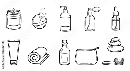 Collection of hand-drawn spa and beauty product icons including a candle, bath bomb, lotion, and towel for wellness and self-care concepts in a simple doodle style