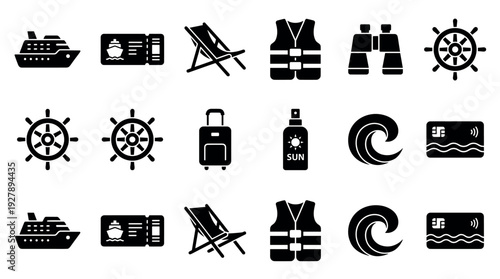 Collection of black cruise ship travel icons including a liner, ticket, deck chair, life vest, binoculars, helm, luggage, and sunscreen for a summer vacation concept