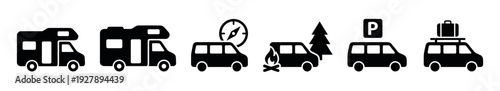 Set of black camping and travel icons featuring motorhomes, vans, a compass, campfire, parking sign, and luggage for road trip and van life concepts
