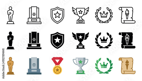 Award and achievement vector icon set featuring a trophy, medal, statuette, shield, and laurel wreath in outline, silhouette, and colorful flat design variations