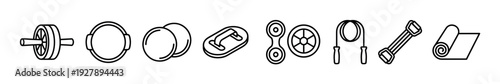 Set of fitness equipment line icons including ab wheel, pilates ring, sliders, push-up board, massage gun, jump rope, resistance band, and yoga mat for a home workout