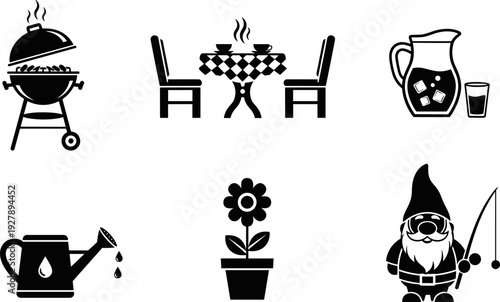 Collection of outdoor leisure and garden icons including a grill, table, and gnome