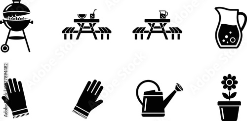 Collection of outdoor activity icons including grilling, dining, and gardening essentials