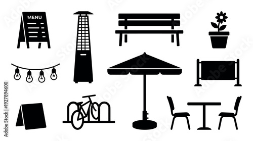 Black silhouette icon set of outdoor cafe furniture and equipment, including a menu, heater, umbrella, bench, and table with chairs in a minimalist graphic style