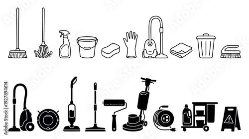 Cleaning service equipment icons set with professional janitorial tools and domestic housekeeping supplies in outline and silhouette vector graphic styles for sanitation concepts