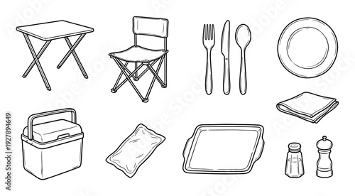Collection of hand-drawn picnic and camping equipment including a folding table, chair, cooler, and cutlery in a simple black and white line art illustration style