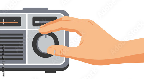 Hand adjusting a vintage radio dial on a retro styled receiver.