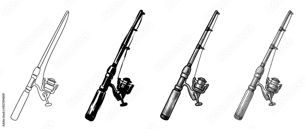 Fototapeta premium Set of four fishing rods with spinning reels illustrated in different black and white artistic styles, including line art, ink brush, detailed engraving, and stippling