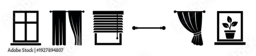 Set of black window treatment icons including a frame, curtains, blinds, a curtain rod, and a potted plant, presented in a simple flat vector silhouette graphic style