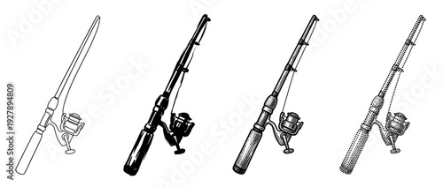 Set of four fishing rods with spinning reels illustrated in different black and white artistic styles, including line art, ink brush, detailed engraving, and stippling