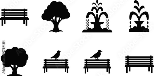 Set of park icons including benches, trees, fountains, and birds in silhouette