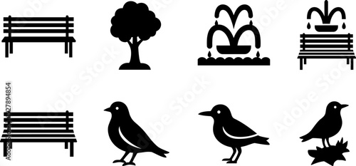 Collection of park icons including benches, trees, fountains, and birds