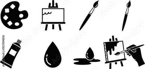 Artistic tools and supplies collection, including paint palette, easel, brushes, and paint tube