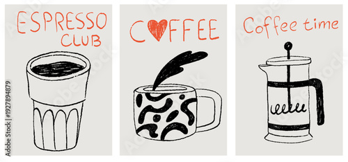 Hand drawn crayon coffee posters. Breakfast la dolce vita doodle print design in chalk, crayon drawing style for invitations, menus, parties. Minimalist line art. Vector illustration