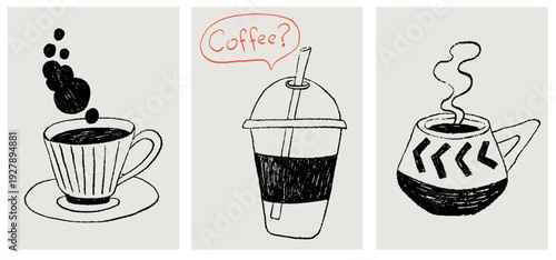 Hand drawn coffee breakfast cards. La dolce vita doodle print design with coffee in doodle naive ink, chalk, crayon drawing style. Vector minimalist line art for prints, posters, placards, menus