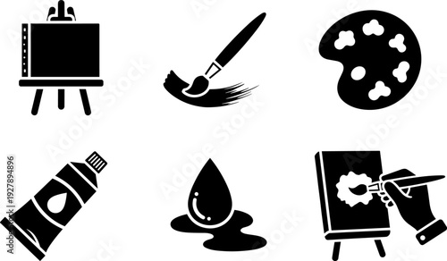 Set of artistic icons representing painting tools and creative process