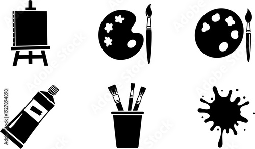 Collection of black art supplies icons including easel, paint palettes, brushes, and paint tube