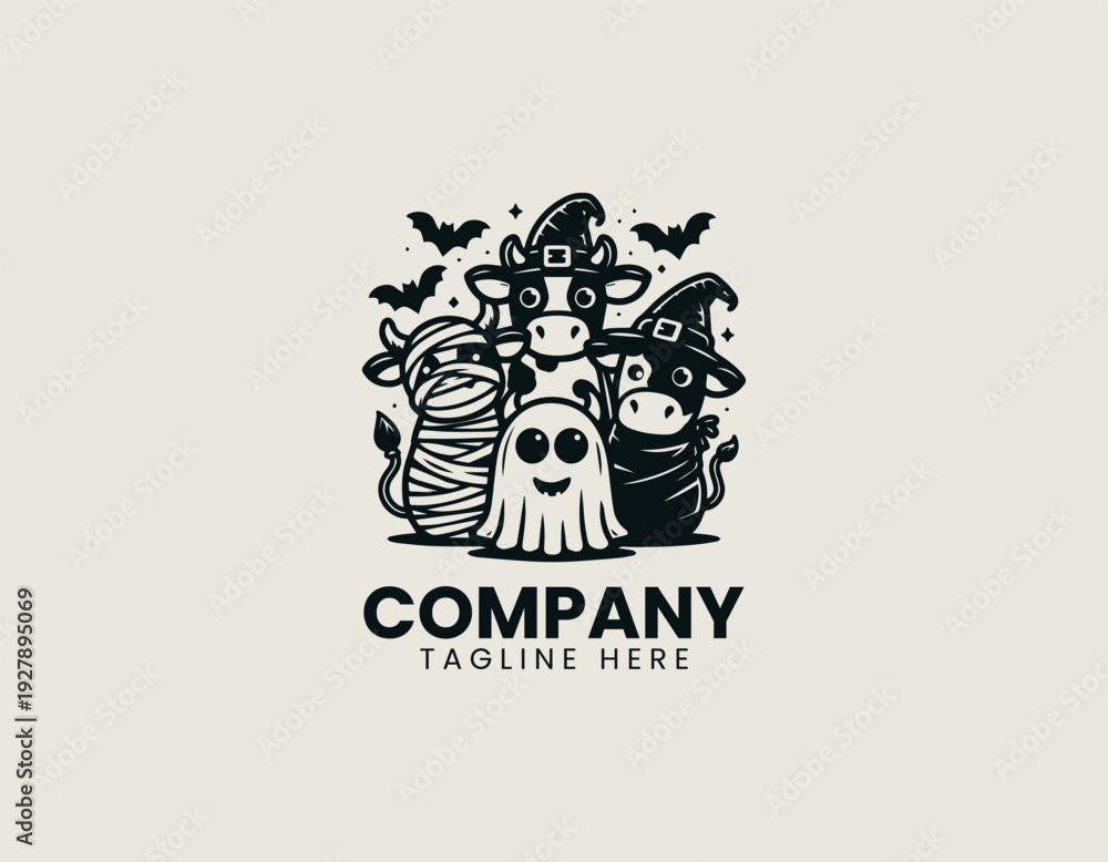 Fototapeta premium Three cows wearing mummy ghost and witch costumes black vector logo illustration