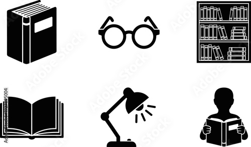 Collection of black icons representing reading and learning, including books and glasses