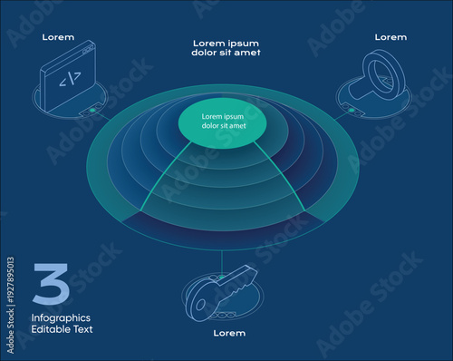 Three step technology infographic. Isometric coding laptop, security key and search icon. Layered circular diagram cybersecurity workflow, digital presentation, data visualization. Business Deck