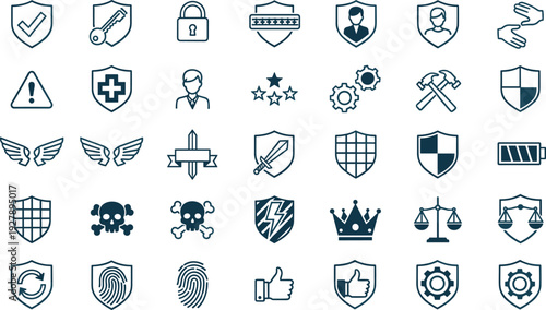 Security and Protection Icon Set with Shield, Safety, Privacy, Verification, and Defense Symbols for Cybersecurity Apps, Business Systems, Websites, and Vector Designs