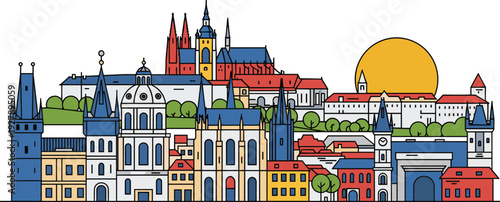 Prague Czech Republic city skyline vector illustration with St Vitus Cathedral Charles Bridge towers and famous European landmarks in flat line art style design