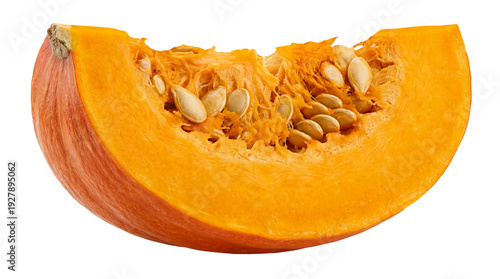 A vibrant slice of pumpkin showcasing seeds and flesh perfect for autumn recipes and fall on transparent background