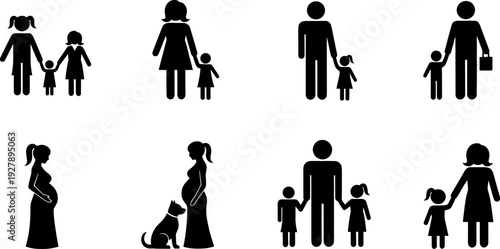 Collection of diverse family and pregnancy icons in simple stick figure style