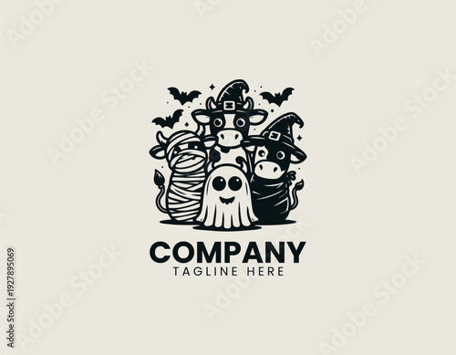 Three cows wearing mummy ghost and witch costumes black vector logo illustration