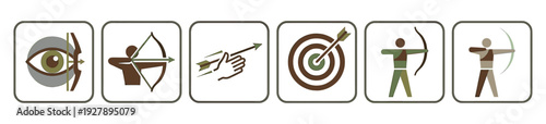 Set of six archery icons in a minimalist flat design style, depicting an archer, target, bow, arrow, and aiming concepts with an earthy color palette of brown and green